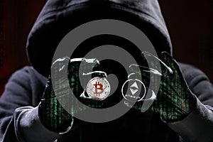International hacker is trying to steel your crypto currencys. Blockchain security. Thief with laptop is hacking government