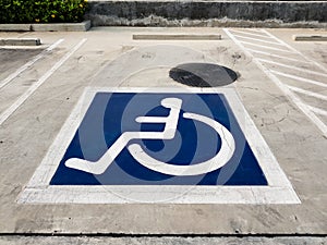 International handicapped wheelchair or Disabled parking symbol painted in bright blue on parking space