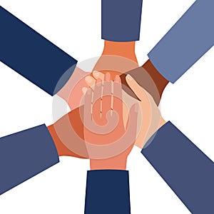 International hands of people folded in center together, unity group symbol, teamwork, work partnership. Top view of