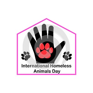 International Homeless Animals Day design template. Dog and cat paw print, heart and human hand with house. Vector clipart.