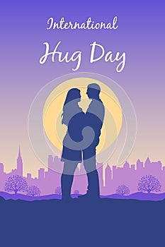 International Hug Day vector card with silhouette of couple on background of sunset landscape with city view, tree, sun and sky.