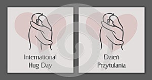 International hugging day. Hug day. Hugging couple outline. Polish and english.