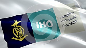International Hydrographic Organization flag. 3d IHO logo waving video. Logo of International Hydrographic Organization seamless l