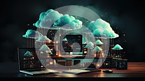 International internet day. Connecting people and electronic devices by global network, saving data in the cloud