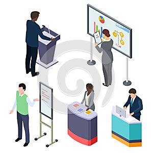 International isometric businesspeople or training lecturers or promoters vector