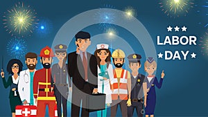 International Labor Day. People Group Different Occupation Set. Stewardess, Fireman, Police, Doctor, Nurse, Builder, Teacher.