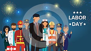 International Labor Day. People Group Different Occupation Set. Stewardess, Fireman, Police, Doctor, Nurse, Builder, Teacher.