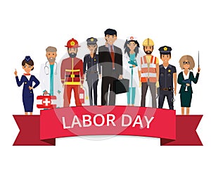 International Labor Day with ribbon. People of different professions set on a white background.