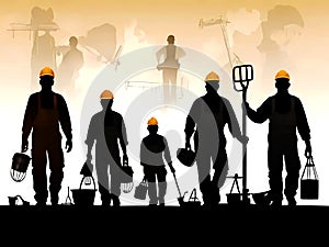 silhouettes of construction workers with tools and equipment. photo