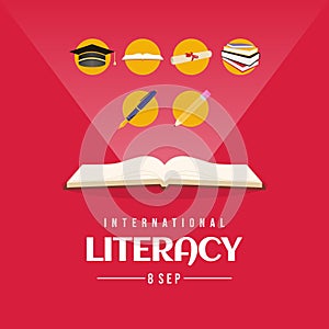 International literacy day banner with college graduation cap, diploma paper roll, pencil, ink pen, stack of books on open book