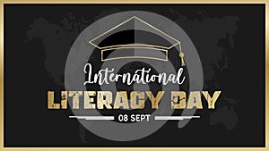international literacy day with graduation cap, and world islands as background, september 08