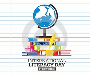 International Literacy Day Poster with Pile of Books and Quill Pen. Education Concept