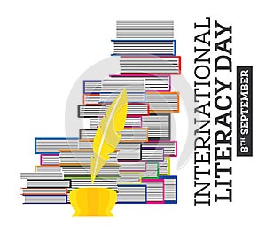 International Literacy Day Poster with Pile of Books and Quill Pen. Education Concept