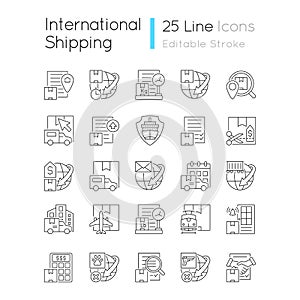 International logistics business linear icons set