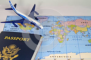 International Map, Passport and Commercial Jet Airplane.