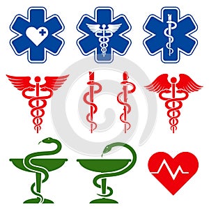 International medical, pharmacy and emergency care vector symbols