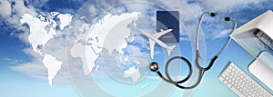 International medical travel insurance concept,stethoscope, passport, computer and airplane in sky background with global map
