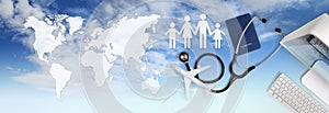 International medical travel insurance concept,stethoscope, passport, computer, family shape and airplane on sky background with