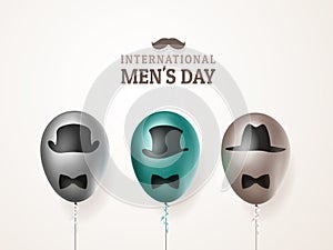 International men`s day or Father`s Day vector greeting card. Realistic balloons black, green, brown with mustache and