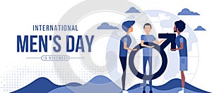International men`s day - a group of men charector helping to lift male symbol on globe background vector design