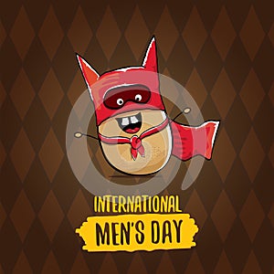 International mens day vector cartoon greeting card with funny cartoon cute brown super hero potato with red hero cape