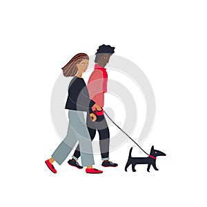International mixed couple dog walk illustration
