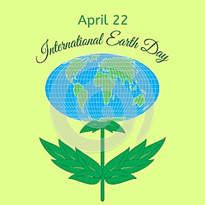 International Mother Earth Day theme. Globe in the form of a flower with leaves as a symbol of environmental and climate literacy.