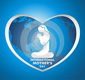 International Mother`s Day - logo, icon. A mother with a child on a background map of the world.