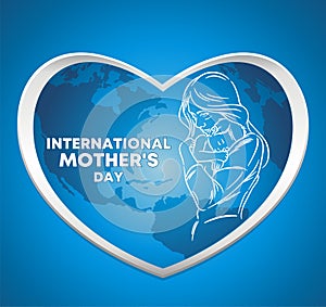 International Mother`s day-logo, mother with baby on world map background and blue background.