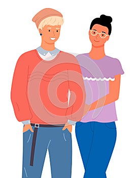 International nationality man and woman smiling, multinational people, blonde and brunette