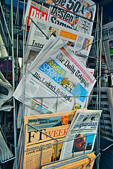 International newspapers stand in Europe