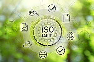 International Organization for Standardization ISO 14001. Different virtual icons on blurred green background