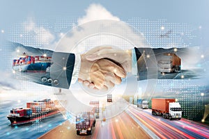 International partnership logistics import export transport concept of handshake with global business network distribution