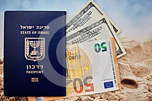International passport of Israel with 50 euro and 100 dollars banknotes