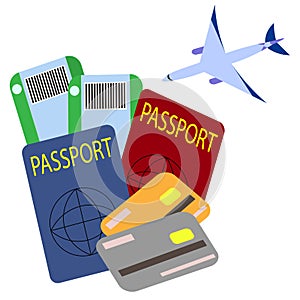 international passport, passenger ticket and boarding pass for an airplane, bank cards for two people. concept of air travel