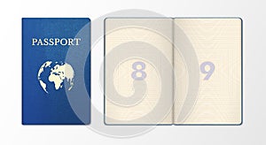 International passport realistic template  sample. Front side  blue cover  page of document