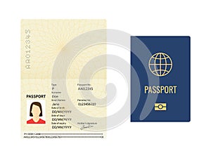 International passport template. Closed and open document for travel, identity pages with female photo, sample data and