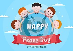 International Peace Day Cartoon Illustration with Hands, Cute Children, Globe and Blue Sky to Create Prosperous in the World