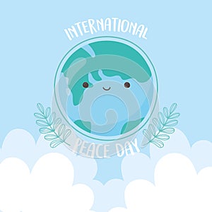 International peace day cartoon world map branch concept