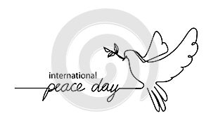 International peace day.Continuous line drawing. Lettering on white background. Peace dove sign. Olive branch. Vector