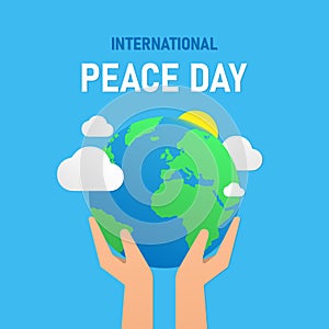 International Peace Day. Planet Earth in hands. Vector EPS 10