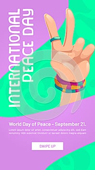 International peace day poster with hand V gesture