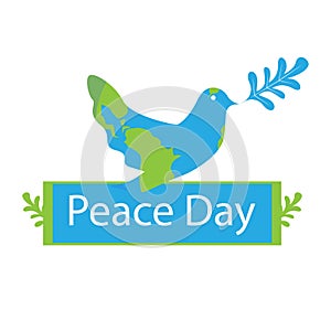International peace day slogan with a dove bird logo on a globe.