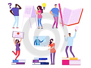 International people, students get education from books and online courses vector illustration