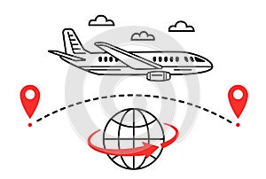 International plane flight travel trip, airplane fly tourist route around world, aircraft path, earth globe line icon vector