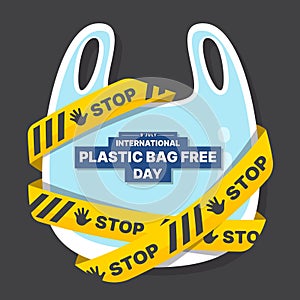 International plastic bag free day - Yellow black caution stop tape roll cross plastic bag sign on dark background vector design