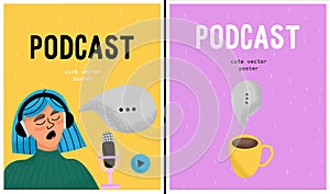 International podcast day. Set of vector posters on the topic in podcasting in cartoon style with funny vector podcasting texture