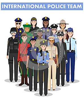 International police people concept. Detailed illustration of SWAT officer, policeman, policewoman and sheriff in flat