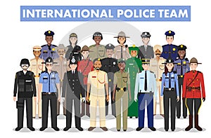 International police people concept. Detailed illustration of SWAT officer, policeman, policewoman and sheriff in flat