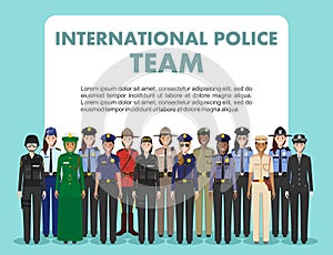 International police people concept. Detailed illustration of SWAT officer, policeman, policewoman and sheriff in flat style on wh